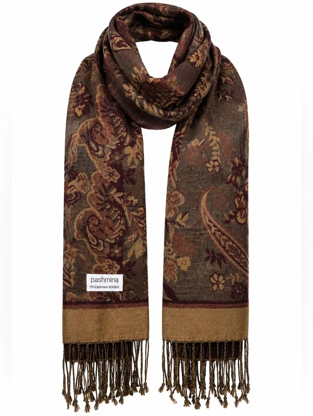 Cashmere Silk Pashmina Scarf Brown Paisley Floral Fringe Wrap Shawl Festival